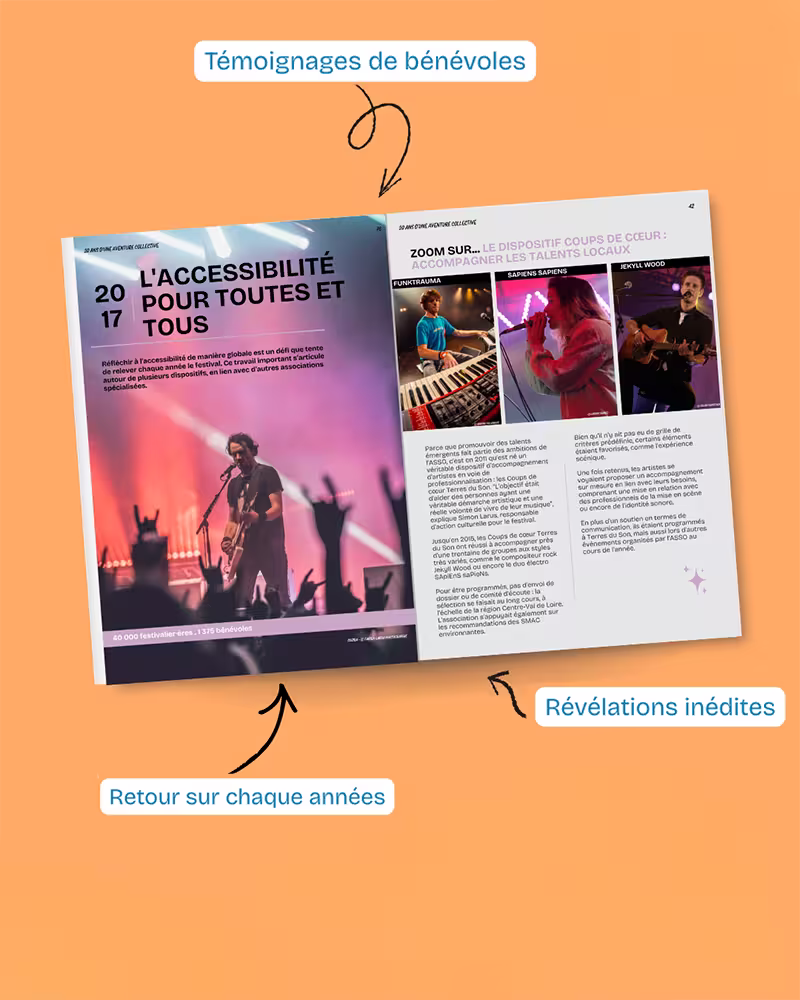 Livre ouvert sur la page L'accessibilité pour toutes et tous. Retrouvez dans ce livre : témoignages de bénévoles, révélations inédites, retour sur chaque années